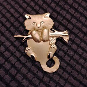 Gold Cat Figure Hanging On A Tree Branch Brooch With A Code (PLVQ?)